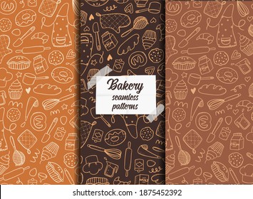 set of bakery seamless patterns with hand drawn doodles on brown backgrounds. Wrapping paper, packaging, textile abd fabric prints design. EPS 10
