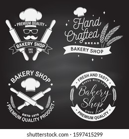 Set of Bakery shop badge on the chalkboard. Vector. Concept for badge, shirt, label, stamp. Design with rolling pin, chef hat, wheat ears silhouette. For restaurant identity, packaging menu