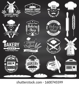 Set of Bakery shop badge on the chalkboard. Vector. Concept for badge, shirt, label, stamp. Design with windmill, rolling pin, dough, wheat ears silhouette. For restaurant identity, packaging menu
