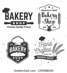 Set of Bakery shop badge. Vector. Concept for badge, shirt, label, print, stamp, tee. Design with windmill, rolling pin, dough, wheat ears silhouette. For restaurant identity objects, packaging menu