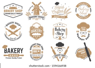 Set of Bakery shop badge. Vector. Concept for badge, shirt, label, print, stamp, tee. Design with windmill, rolling pin, dough, wheat ears silhouette. For restaurant identity objects, packaging menu