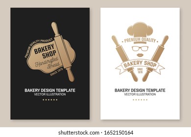 Set of Bakery shop badge. Vector. Concept for badge, shirt, label, print, stamp, tee. Design with windmill, rolling pin, dough, wheat ears silhouette. For restaurant identity objects, packaging menu