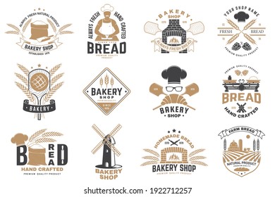 Set of Bakery shop badge. Vector. Design with windmill, rolling pin, dough, wheat ears, old oven, wooden bread shovels silhouette. For restaurant, bakery identity objects, packaging menu