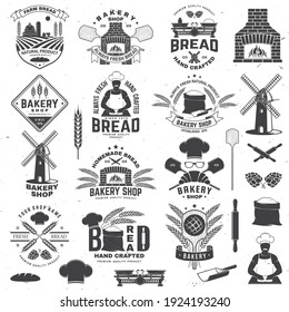 Set of Bakery shop badge. Vector Design with windmill, rolling pin, dough, wheat ears, old oven, wooden bread shovels silhouette. For restaurant, bakery identity objects, packaging menu