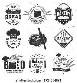 Set Of Bakery Shop Badge. Vector Design With Windmill, Rolling Pin, Dough, Wheat Ears, Old Oven, Wooden Bread Shovels Silhouette. For Restaurant, Bakery Identity Objects, Packaging Menu