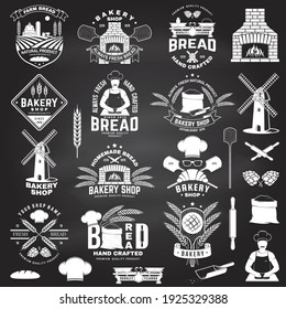 Set of Bakery shop badge. Vector Design with windmill, rolling pin, dough, wheat ears, old oven, wooden bread shovels silhouette. For restaurant, bakery identity objects, packaging menu