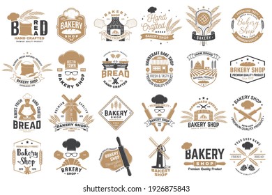 Set of Bakery shop badge. Vector. Design with windmill, rolling pin, dough, wheat ears, old oven, wooden bread shovels silhouette. For restaurant, bakery identity objects, packaging menu