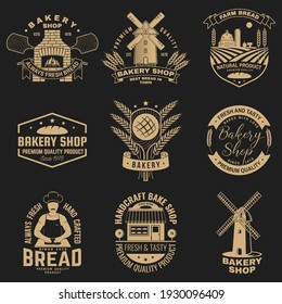 Set of Bakery shop badge. Vector Design with windmill, rolling pin, dough, wheat ears, old oven, wooden bread shovels silhouette. For restaurant, bakery identity objects, packaging menu