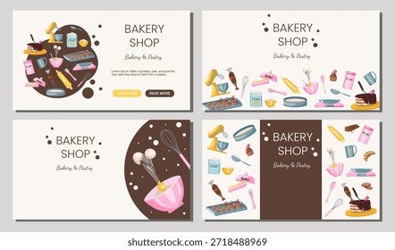 Conjunto de Anuncios de panadería con herramientas para hornear, ingredientes y postres. Perfecto para pastelerías, marcas de alimentos, encabezados de Sitios web, menús, promociones, redes sociales y diseño de marketing de panadería.