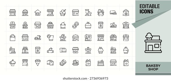 Set of Bakery Shop line icon. Contain linear symbols baker, bakery, food, bake, pie and more. Outline icons in linear style. Cake Shop modern icon set. Editable stroke. Vector illustration.