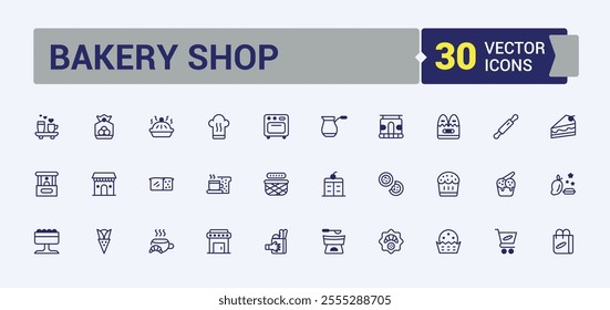 Set of Bakery Shop line icons. Contains such icons as shop, donut, web, mill, bread and more. Thin linear style icons. Editable vector stroke.