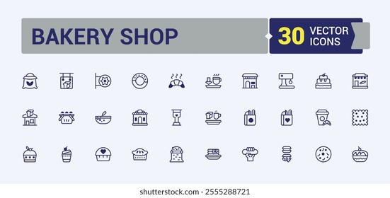 Set of Bakery Shop line icons. Contains such icons as shop, donut, web, mill, bread and more. Thin linear style icons. Editable vector stroke.