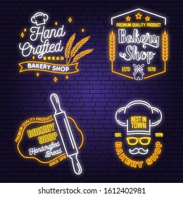 Set of Bakery shop neon bright signboard, light banner. Vector. Concept for badge, shirt, label. Neon design with rolling pin, dough, wheat ears silhouette. For restaurant identity