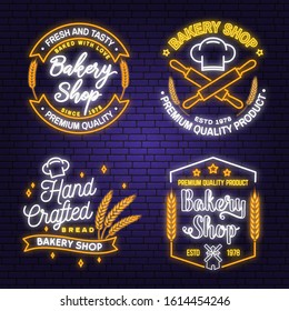 Set of Bakery shop neon bright signboard, light banner. Vector. Concept for badge, shirt, label. Neon design with rolling pin, dough, wheat ears silhouette. For restaurant identity