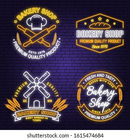 Set of Bakery shop neon bright signboard, light banner. Vector. Concept for badge, shirt, label. Neon design with rolling pin, dough, wheat ears silhouette. For restaurant identity