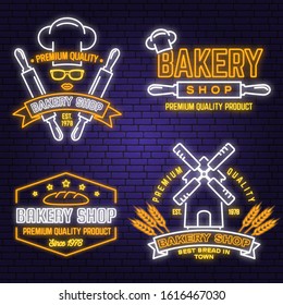 Set of Bakery shop neon bright signboard, light banner. Vector. Concept for badge, shirt, label. Neon design with rolling pin, dough, wheat ears silhouette. For restaurant identity