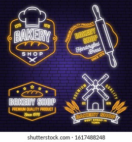 Set of Bakery shop neon bright signboard, light banner. Vector. Concept for badge, shirt, label. Neon design with rolling pin, dough, wheat ears silhouette. For restaurant identity