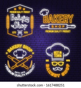 Set of Bakery shop neon bright signboard, light banner. Vector. Concept for badge, shirt, label. Neon design with rolling pin, mustache , wheat ears silhouette. For restaurant identity