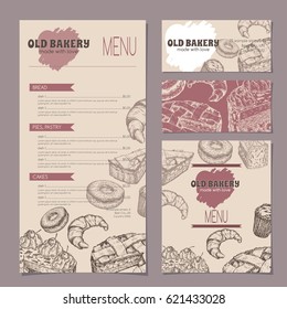 Set of bakery shop templates with menu, visit cards and reserved card, includes hand drawn sketch of apple pie, black forest cake, muffin, doughnut and croissant. Ready to use artwork.