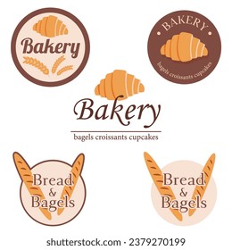 Set of bakery signboards or stickers in warm brown and beige hues. Bread and bagels signs. Stickers with croissants and baguettes