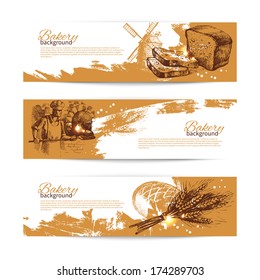 Set of bakery sketch banners. Vintage hand drawn illustrations