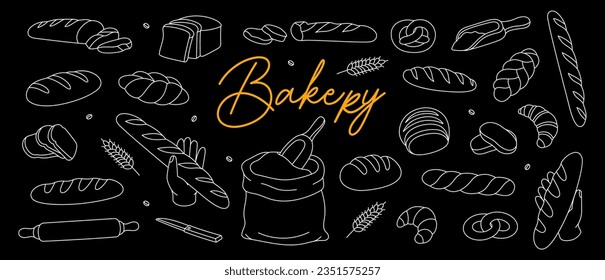 Set of bakery sketch. Breads outline banner. Bakery line horizontal illustration. Whole grain and wheat bread, ciabatta, croissant, french baguette.