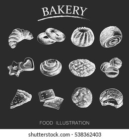 Set of bakery sketch isolated on blackboard. Vintage vector illustrator
