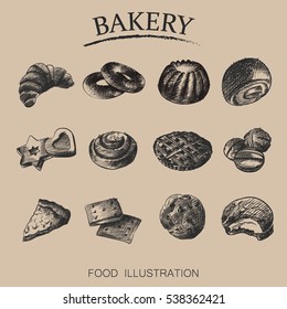 Set of bakery sketch isolated on retro background. Vintage vector illustrator
