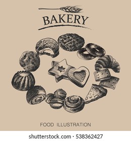 Set of bakery sketch isolated on retro background. Vintage vector illustrator
