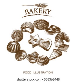 Set of bakery sketch isolated on retro background. Vintage vector illustrator