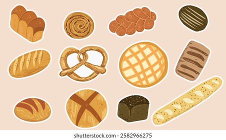 Set of bakery stickers. Croissants, slices of bread and donut. Homemade pastry food and eating. Dessert and delicacy. Tasty snack. Vector hand drawn collection isolated on beige background.