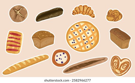 Set of bakery stickers. Croissants, slices of bread and donut. Homemade pastry food and eating. Dessert and delicacy. Tasty snack. Vector hand drawn collection isolated on beige background.