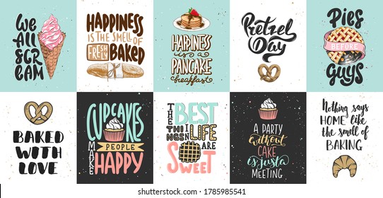 Set of bakery and sweet food, desserts lettering posters, greeting cards, decoration, prints. Hand drawn typography design elements. Handwritten lettering. Modern ink brush calligraphy.