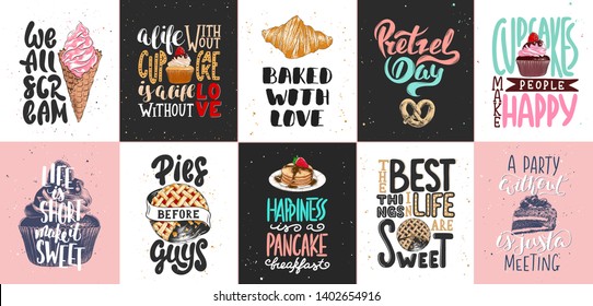 Set of bakery and sweet food lettering posters, greeting cards, decoration, prints. Hand drawn typography design elements. Handwritten lettering. Modern ink brush calligraphy. 
