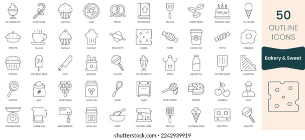 Set Bäckerei und süße Symbole. Paket mit den Symbolen der dünnen Umrisse. Vektorgrafik
