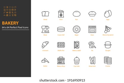 set of bakery thin line icons 64x64px, bread, pastry, 