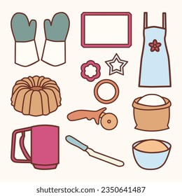 Set of Baking and Bakery Equipment Cute Flat Line Illustration