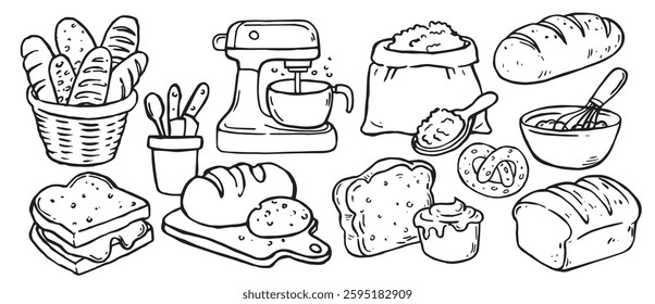 set of baking bread, bakery. vector illustration in doodle style	
