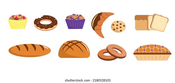 Set baking in cartoon style. Vector illustration of cupcakes, croissants, donuts, bagels, cookies, loaf, toast, bread, pie on white background.