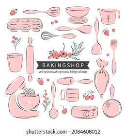 Set of baking and cooking tools dessert and pastry dishes. Whisk, cutlery, spatulas, mixer, scale. Vector illustration for menu, recipe book, baking shop.