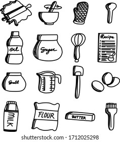 Set of baking and cooking tools such as spoon, oil, egg, butter, milk, sugar, suitable for culinary and food concept bakery doodle, cartoon and posters