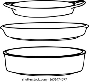 Set of baking dish of different shapes. Cookware and bakeware hand drawn illustration. Vector cartoon flat icon isolated on white background.