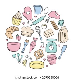 Set of baking doodle. Cooking elements: mixer, butter, flour, spoon, whisk in sketch style.  Hand drawn vector illustration isolated on white background.