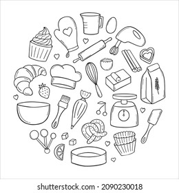 Set of baking doodle. Cooking elements: mixer, butter, flour, spoon, whisk in sketch style.  Hand drawn vector illustration isolated on white background