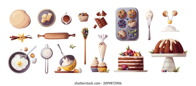 Set of baking elements. Baking, bakery shop, cooking, sweet products, dessert, pastry concept. Isolated Vector illustrations for poster, banner, card, advertising.