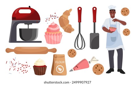 Conjunto de Elementos para hornear. Hombre en gorra con plato de masa en las manos. Croissant, galletas de chocolate y cupcake. Pastelería casera y panadería. Colección plana del Vector aislada en el fondo blanco