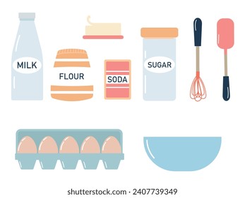 Eine Reihe von Backelementen, Backwaren, Küchenutensilien, Whisk, Spatel, Vektorgrafik, Heimbackkonzept.