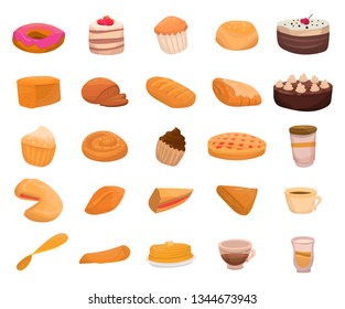 Set of baking icons in cartoon style. Many tasty cakes.