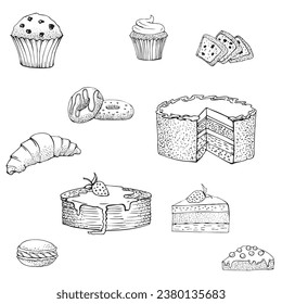 Conjunto de ilustraciones de cocción. Postre dulce. Diseño para cocina, cocina o embalaje. Ilustración del vector