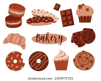 Set of baking illustrations. Vector flat objects. Cupcake, donut, eclair, cookies, macaroon, bun. For menus, banners, backgrounds and cards